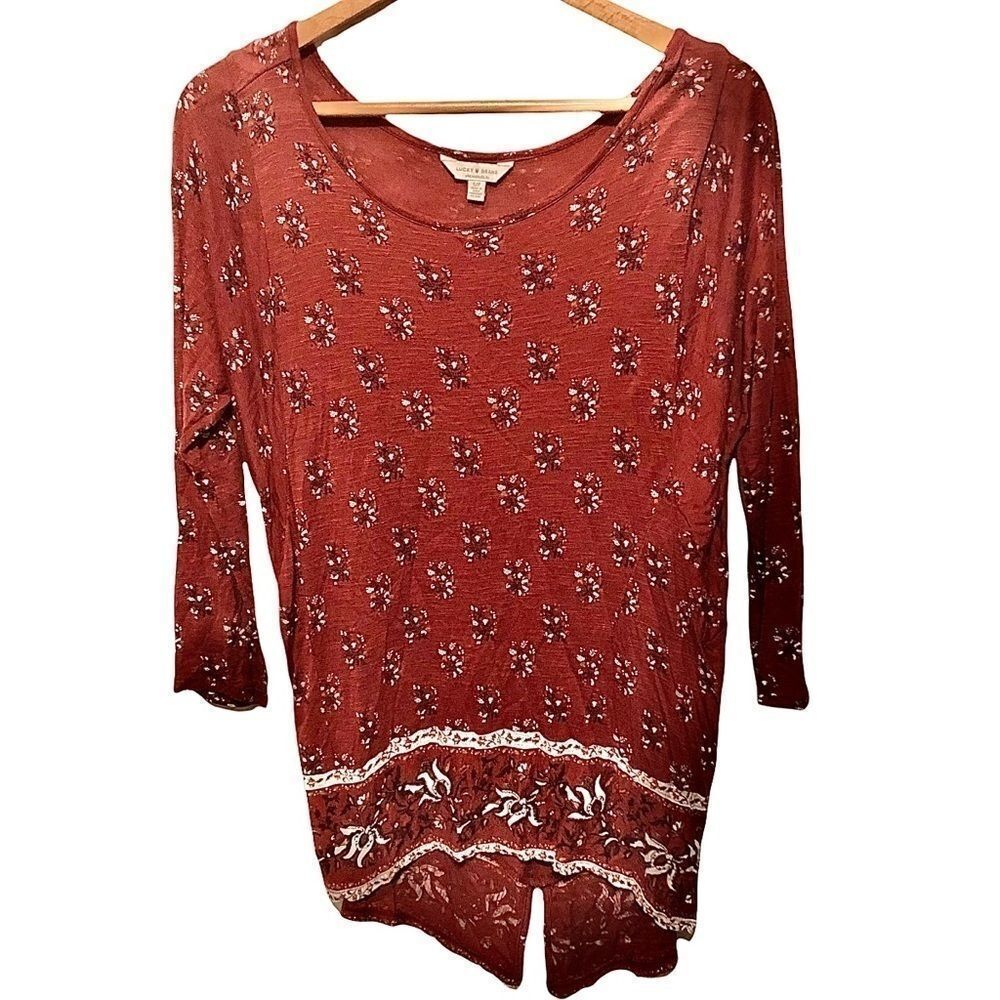 Lucky Brand Women's Size Small Red Shirt High/Low Lace Floral Hem 3/4 Sleeve Bf